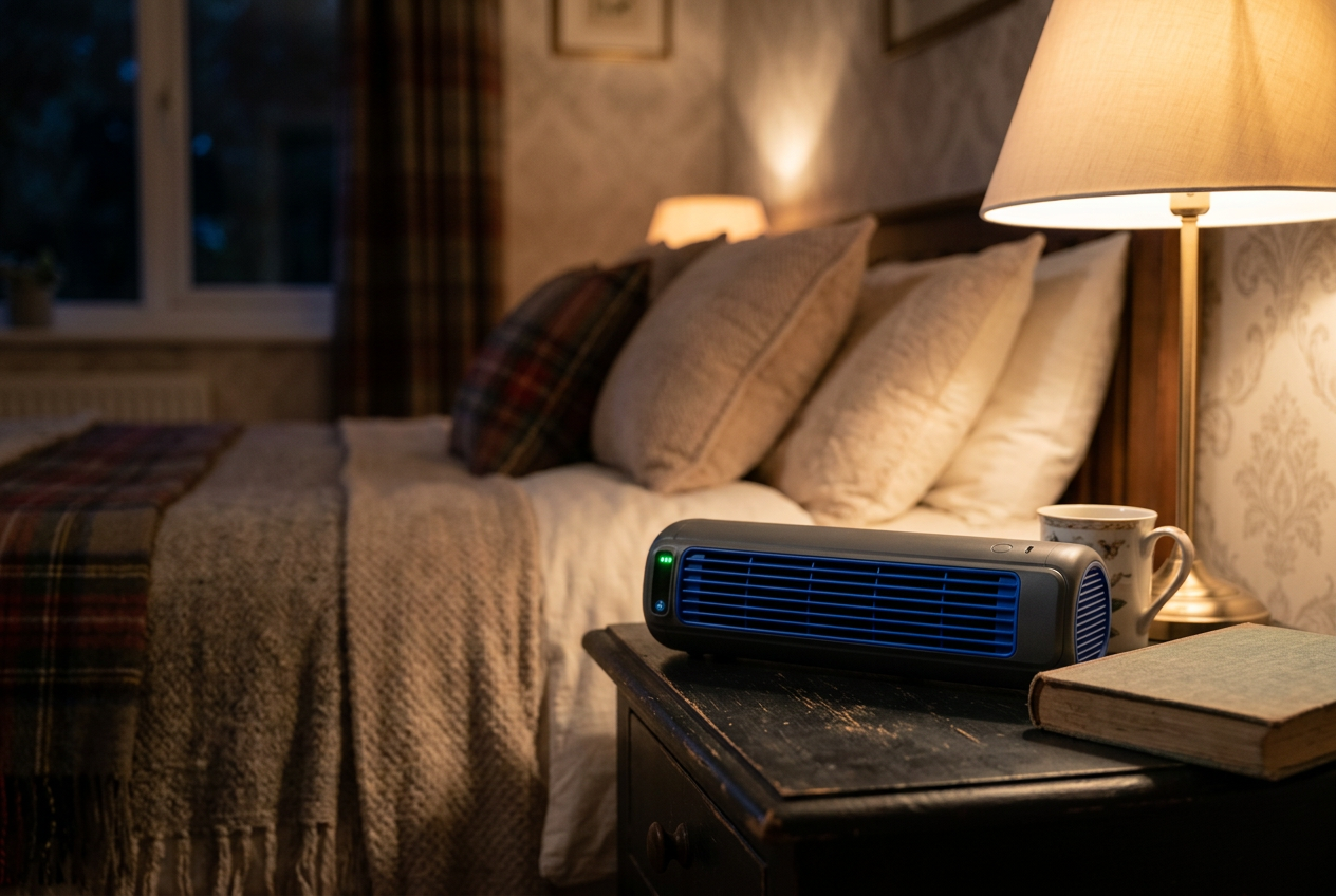 Designed to be quiet enough to use on a bedside table while you sleep.