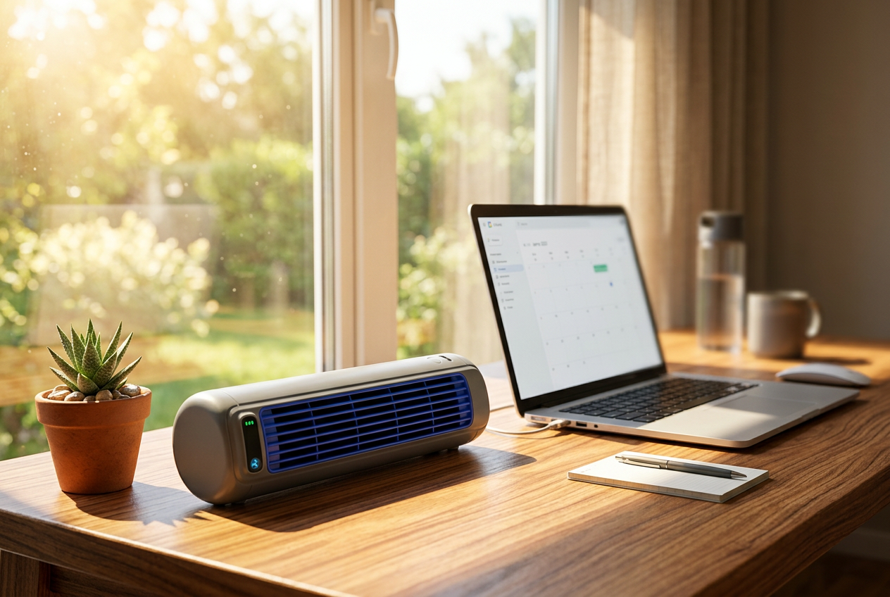 Plugs into any standard UK socket — works on a desk, nightstand, or kitchen counter.